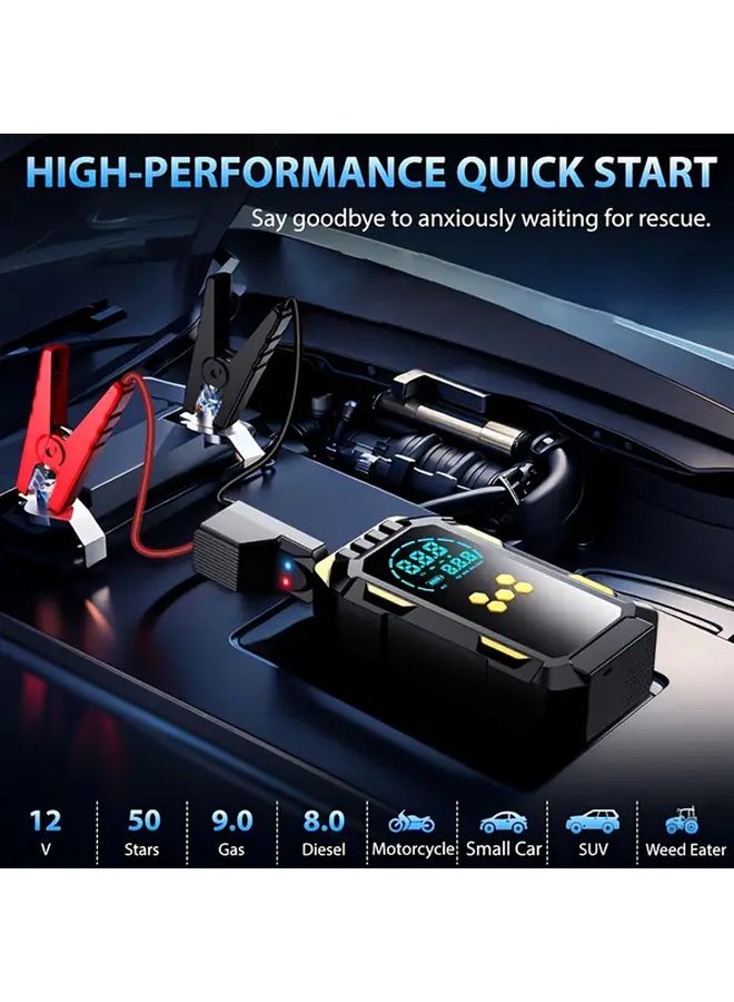 Yellow 9 in 1 Car Battery Jump Starter with Air Compressor Power Bank and Flashlight - Image 2